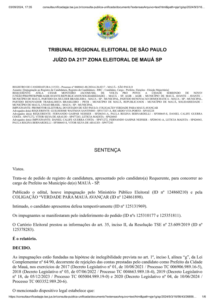 Candidatura de Atila Jacomussi à Prefeitura de Mauá é impugnada pela Justiça