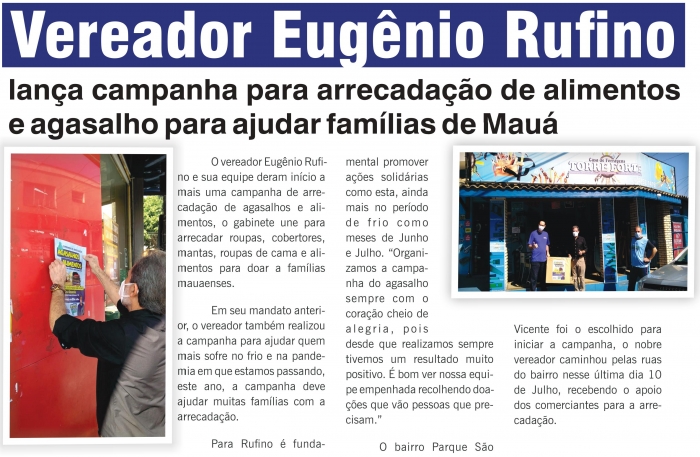 Vereador Eugênio Rufino lança campanha para arrecadação de alimentos e agasalho para ajudar famílias de Mauá